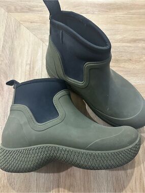 Celine Olive Green and Black Waterproof Slip-On Ankle Boots